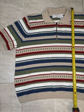 Alfred Dunner Beige Zip Knit Sweater with Red and Green Stripes